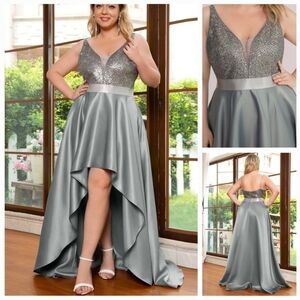 Ever Pretty Silver Sequin Bodice High-Low Satin Gown